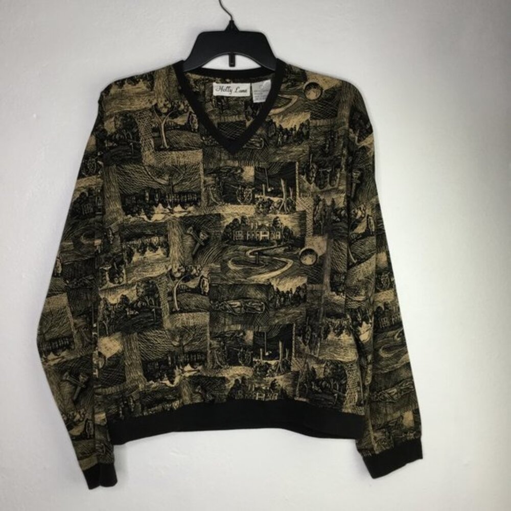 Holly Lane Gold Theme V-Neck Sweater Size Large Black/Tan